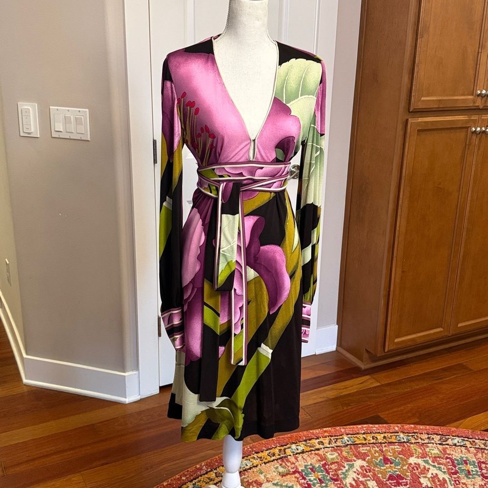 VINTAGE LEONARD PARIS DRESS FLORAL GRAPHIC SILK SZ 42 (10/12)
